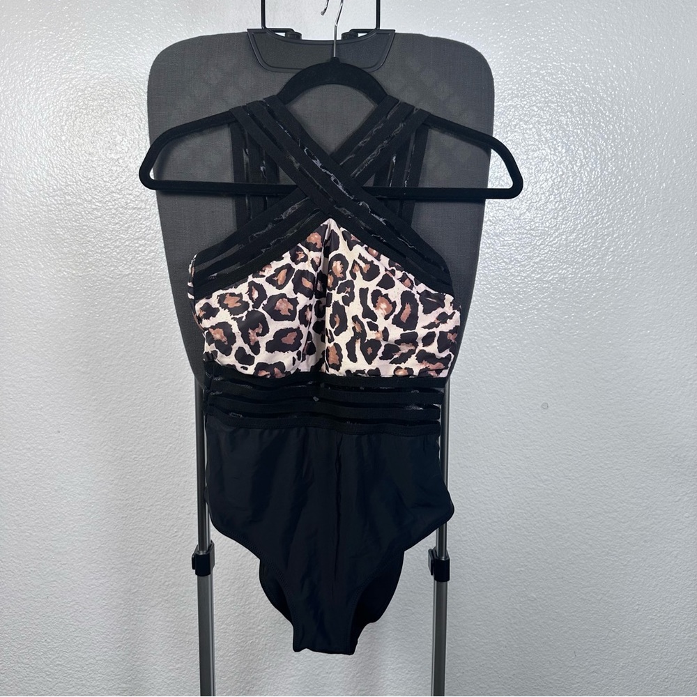 Brown and Black Leopard Print One‎ Piece Swimsuit
